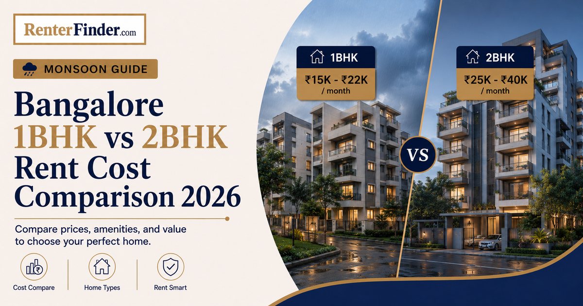 Side-by-side comparison of 1BHK and 2BHK flats in Bangalore showing rent ranges and cost differences - RenterFinder guide.