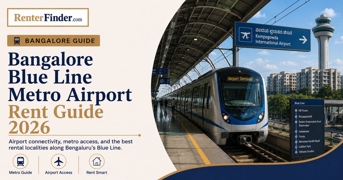 Bangalore Blue Line metro route from Silk Board through the ORR IT corridor to Kempegowda International Airport, with rental hotspots marked - a RenterFinder guide.