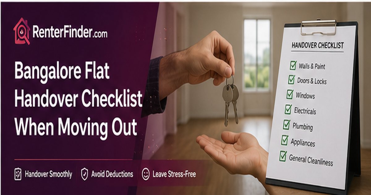 Bangalore tenant completing a flat handover checklist to recover security deposit when moving out - RenterFinder guide.