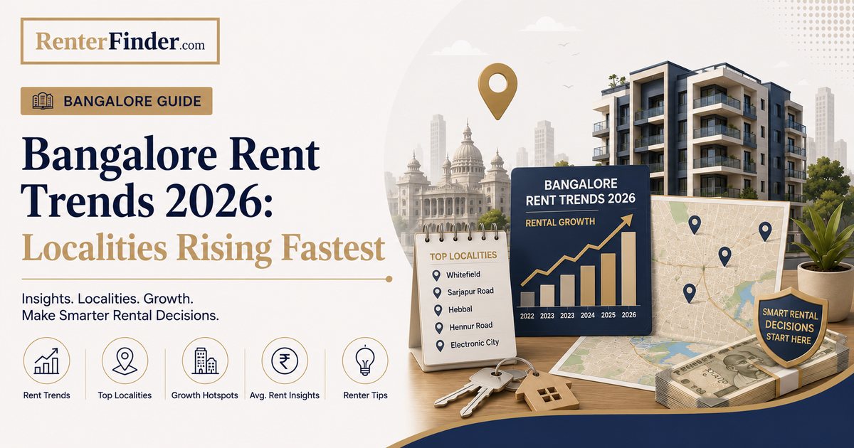 Map of Bangalore showing localities with fastest rising rents in 2026 including Sarjapur Road, Whitefield, and Bellandur - RenterFinder rent trend guide.