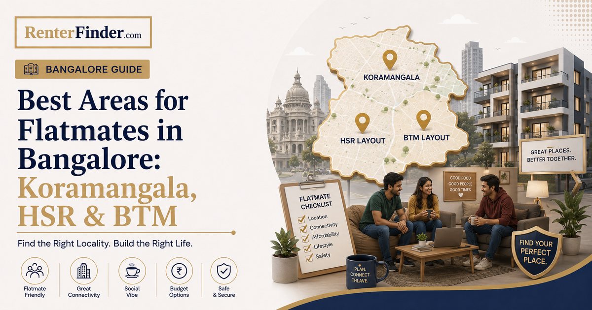 Illustrated map of Bangalore showing flatmate-friendly localities including Koramangala, HSR Layout, BTM Layout, and Indiranagar - a RenterFinder guide for 2026.