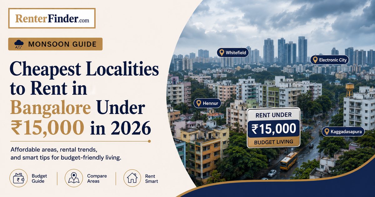 Affordable Bangalore localities for rent under 15000 in 2026 - RenterFinder budget rental guide showing Kengeri, Yelahanka, Electronic City and other areas.