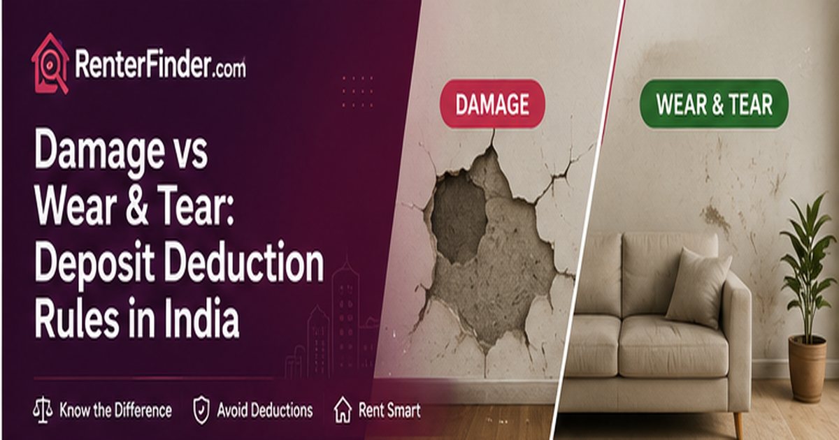 Illustration showing the difference between normal wear and tear and tenant damage in an Indian rental flat - deposit deduction guide by RenterFinder.