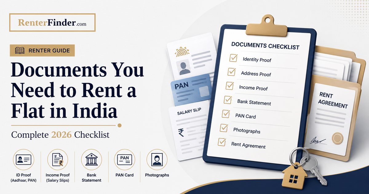 Indian tenant organizing rental documents on a desk - Aadhaar, PAN, employer letter, salary slips, and police verification form needed to rent a flat in India.