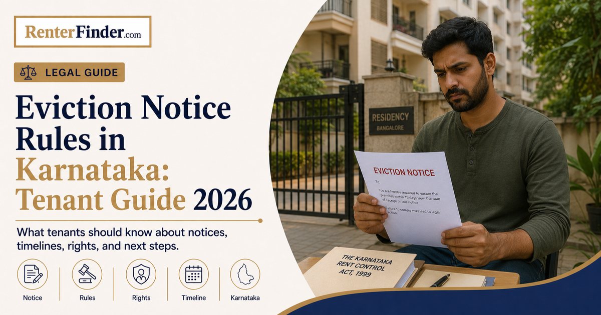 Bangalore tenant reading an eviction notice, understanding legal rights under Karnataka Rent Act 1999 in 2026.