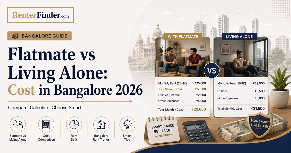 Cost comparison chart for flatmate vs living alone in Bangalore 2026 showing monthly rent, deposit, and utility expenses on RenterFinder.