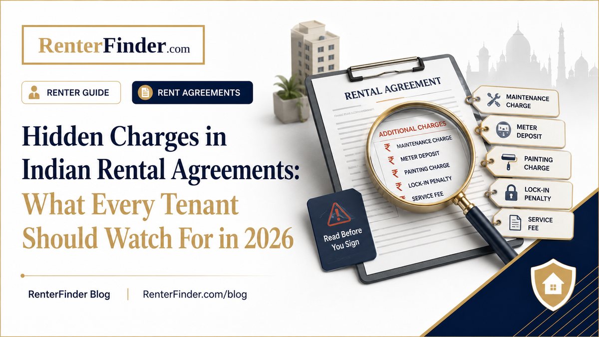 Indian tenant reviewing a rent agreement and spotting hidden charges - brokerage, maintenance, registration, and other extra costs landlords add at signing.