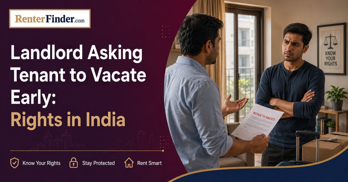 Indian tenant holding a rent agreement document asserting legal rights against an early eviction request from a landlord - RenterFinder guide 2026.