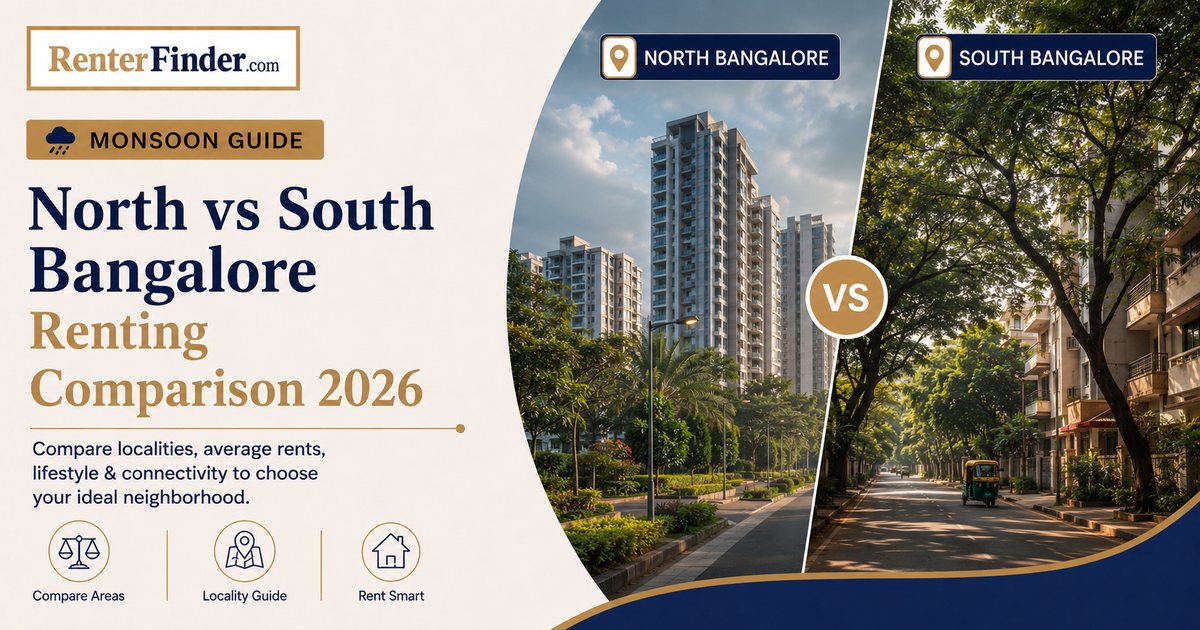 Map of Bangalore highlighting north and south regions with key localities for renters - RenterFinder 2026 comparison guide.