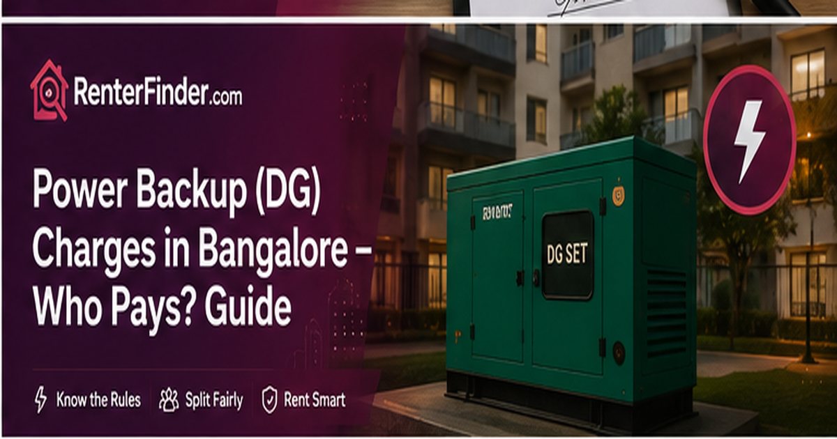 A Bangalore tenant reviewing an apartment maintenance bill with DG power backup charges - guide by RenterFinder.