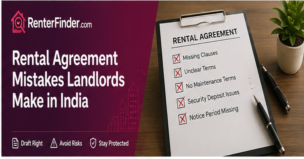 Landlord reviewing a rental agreement document in India, highlighting common mistakes in rent agreement clauses - RenterFinder guide.