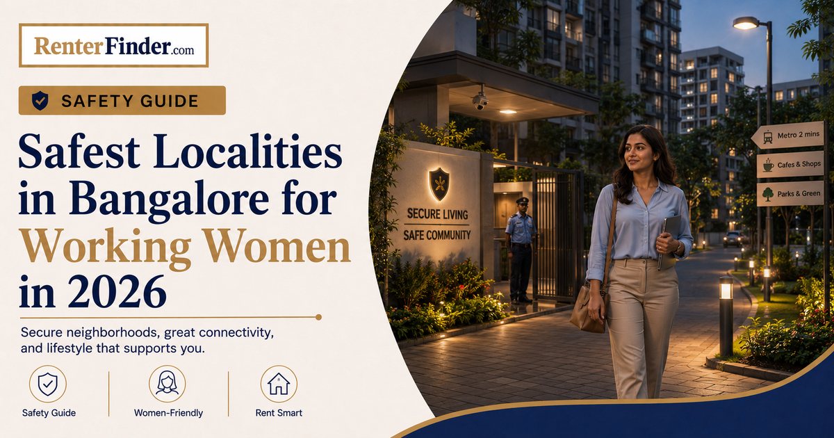 Map and neighbourhood guide showing safest localities in Bangalore for single working women renters in 2026 - RenterFinder.