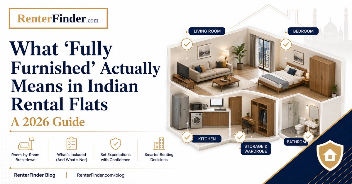 Inside view of a fully furnished rental flat in India - bed, AC, sofa, kitchen appliances, and wardrobes - what 'fully furnished' actually includes.