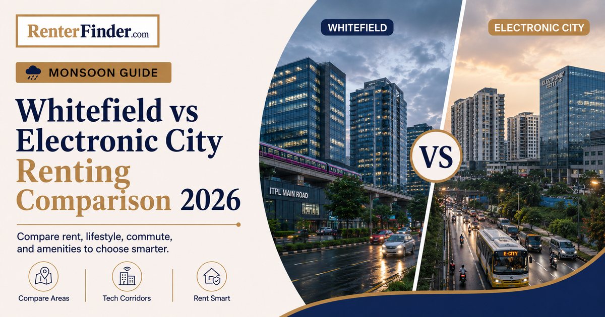 Side-by-side comparison of Whitefield and Electronic City in Bangalore for renters in 2026, featuring IT parks, metro lines, and RenterFinder rental options.