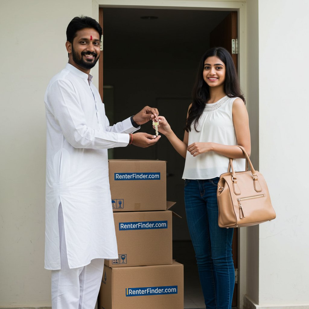 Indian landlord handing over keys to a new tenant - broker-free rental match via RenterFinder.com