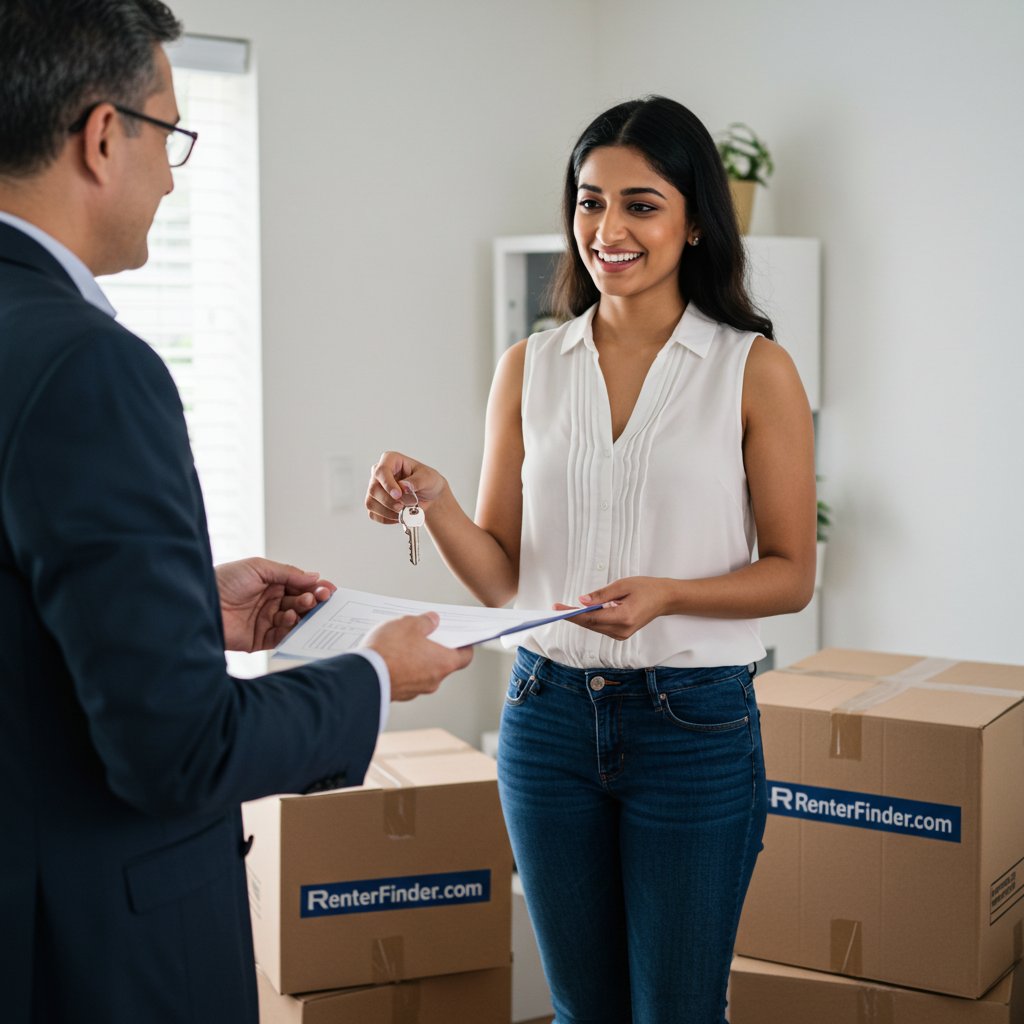 Landlord handing over house keys to a renter after signing the rental agreement - transparent fee process via RenterFinder.com