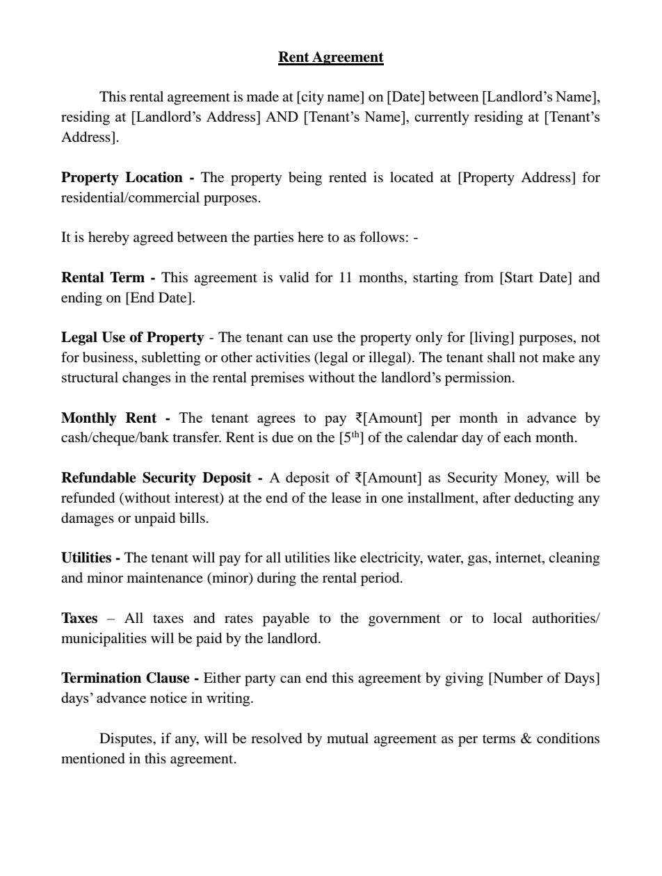 Sample Indian rent agreement page 1 - key clauses include lock-in period, security deposit cap, and maintenance responsibilities