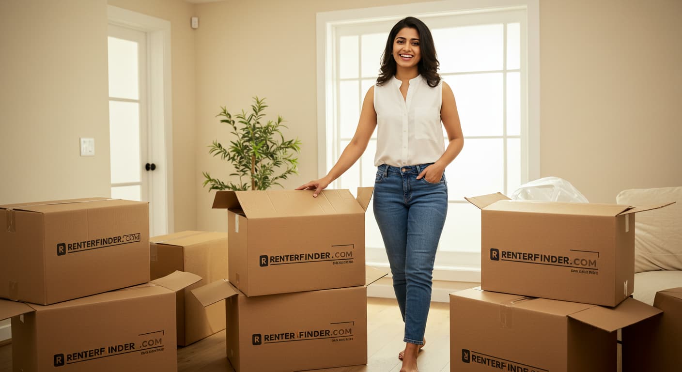 Happy Indian renter moving into new home surrounded by RenterFinder.com branded boxes - affordable 12-day platform service fee